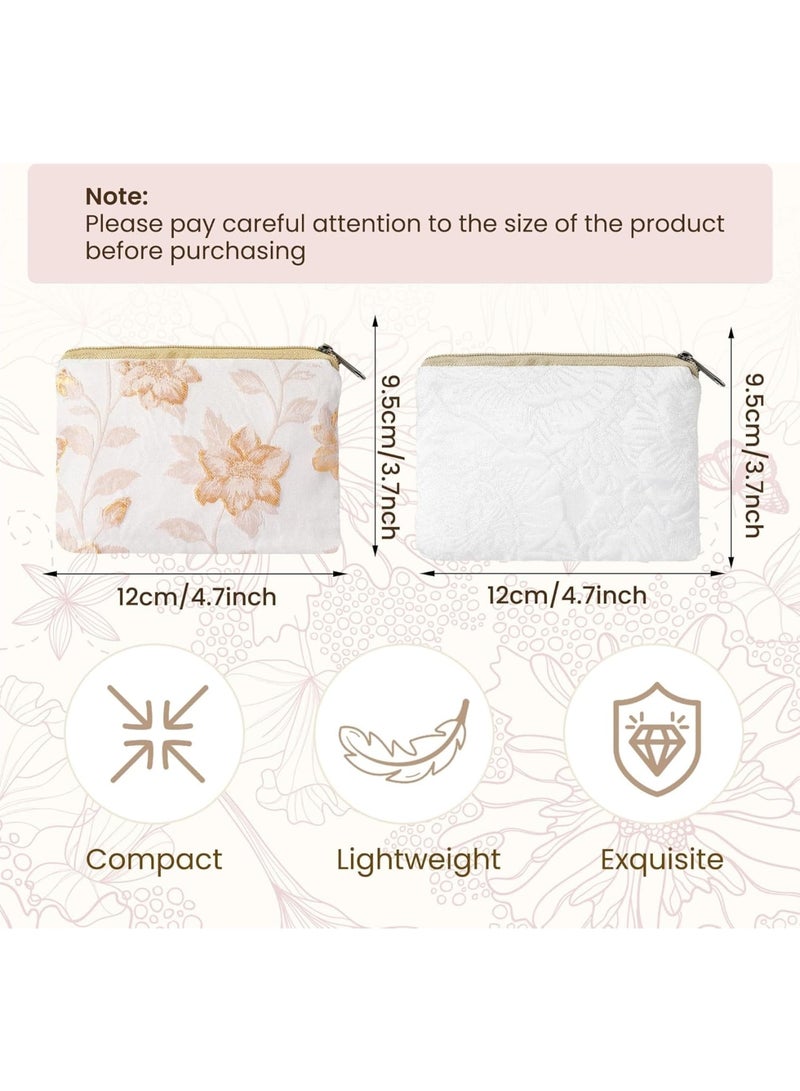 SOLARAE Embroidery Makeup Bag, 2Pcs Soft Floral Makeup Bag, for Purse Pocket Cosmetic Pouch Lipstick Storage Container Portable Zipper Organizer, Portable Toiletry Bag, White & Beige - Image 2