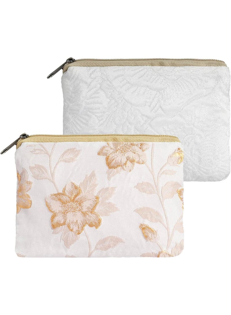 SOLARAE Embroidery Makeup Bag, 2Pcs Soft Floral Makeup Bag, for Purse Pocket Cosmetic Pouch Lipstick Storage Container Portable Zipper Organizer, Portable Toiletry Bag, White & Beige - Image 1