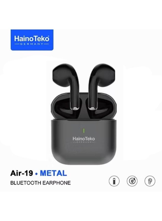 Haino Teko Air-19 Bluetooth Earphones with High-Quality Sound, Super Clear Mic, and Touch Controls – Stylish & Comfortable Black Wireless Earphones for Music, Calls, and Sports.  - Image 1