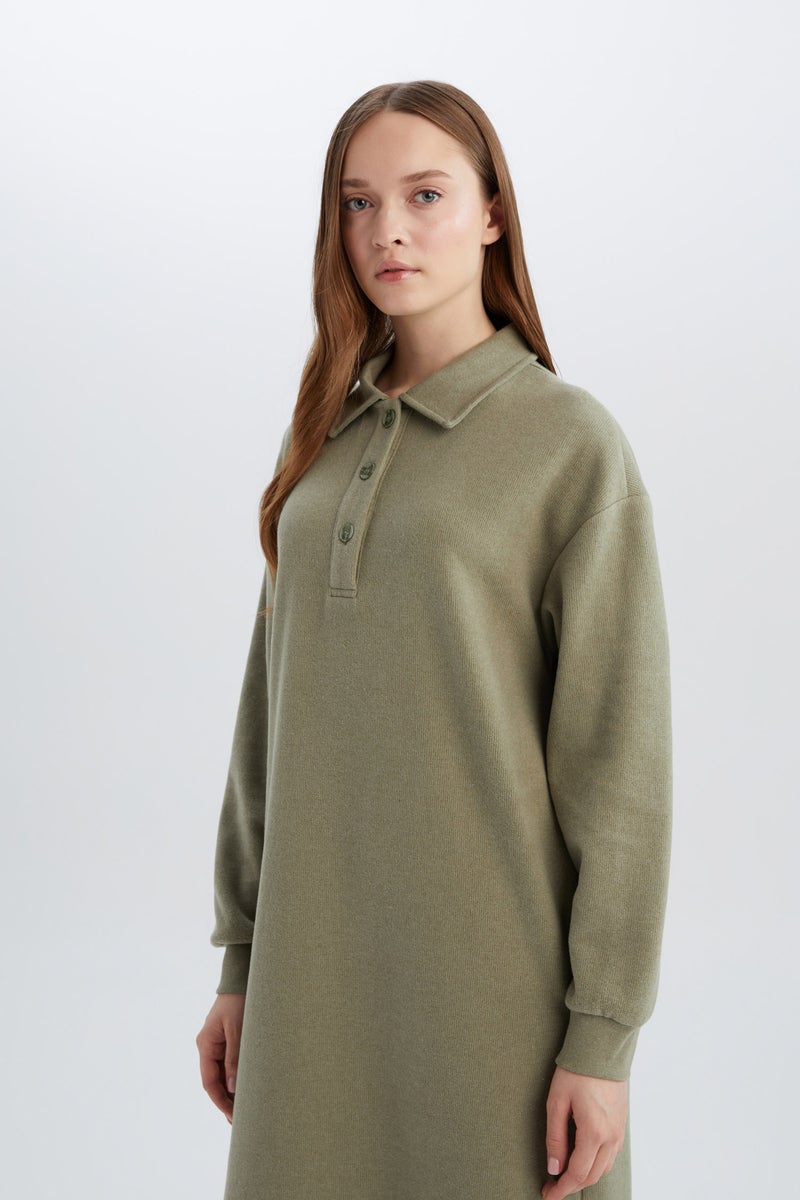 Woman Regular Fit Shirt Collar Long Sleeve Maxi Dress