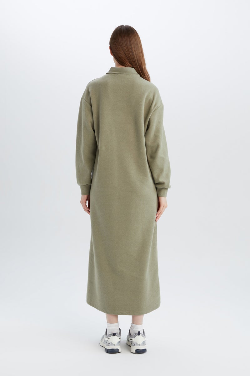 Woman Regular Fit Shirt Collar Long Sleeve Maxi Dress