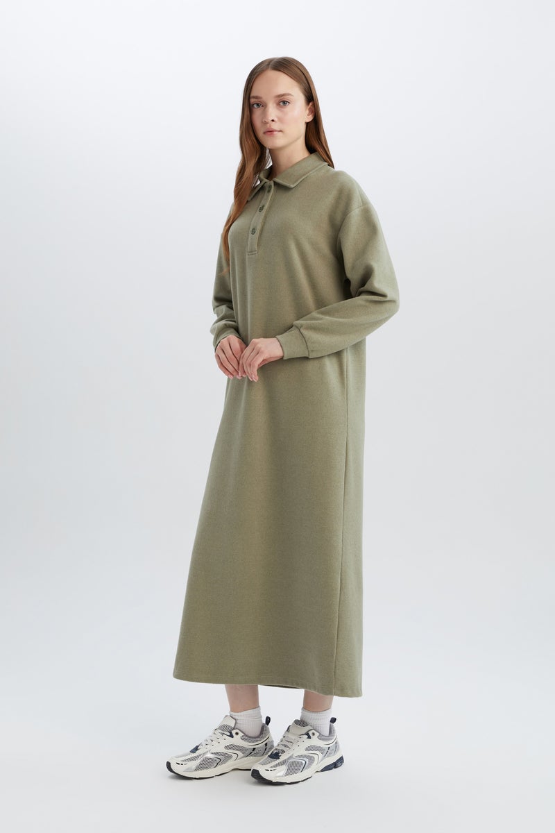 Woman Regular Fit Shirt Collar Long Sleeve Maxi Dress
