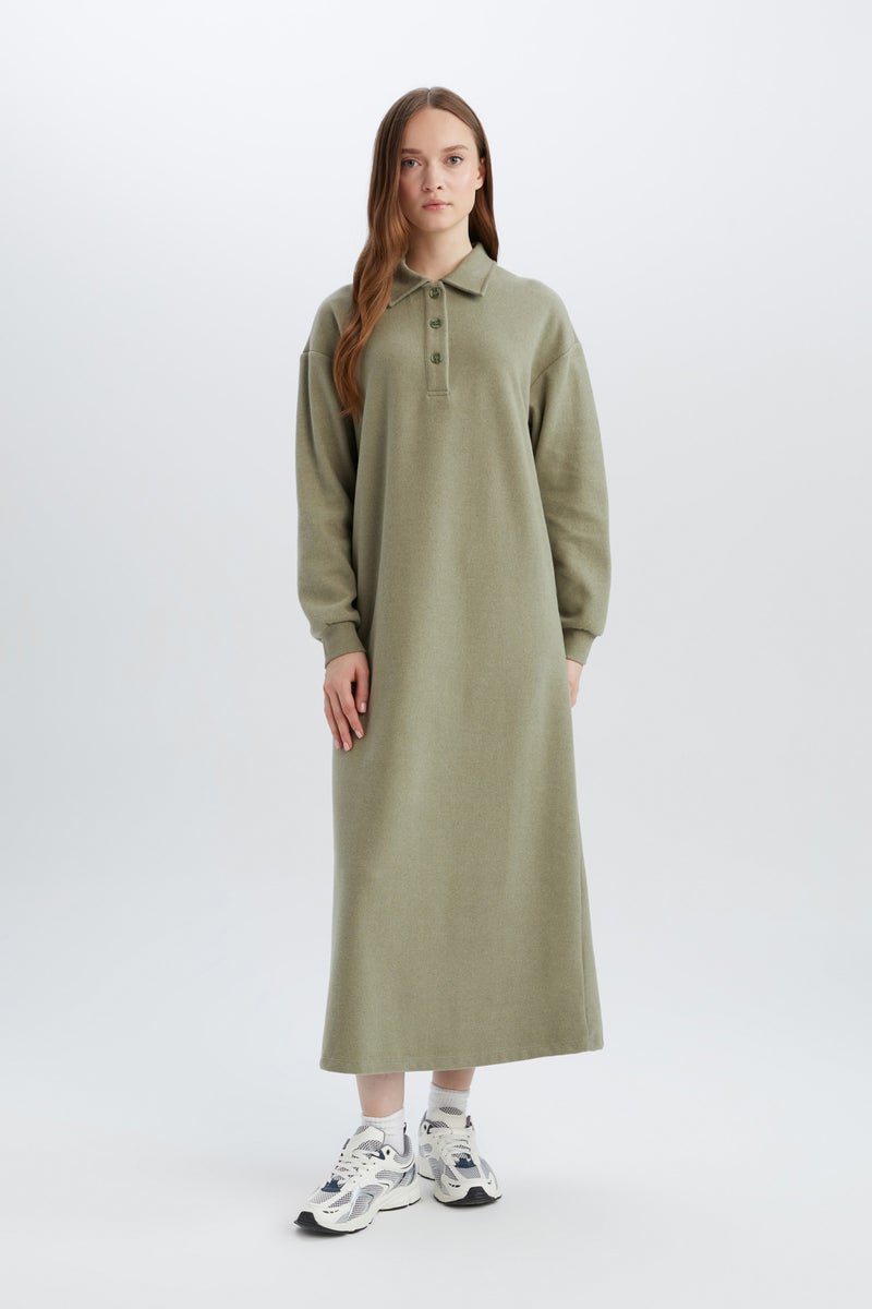 Woman Regular Fit Shirt Collar Long Sleeve Maxi Dress