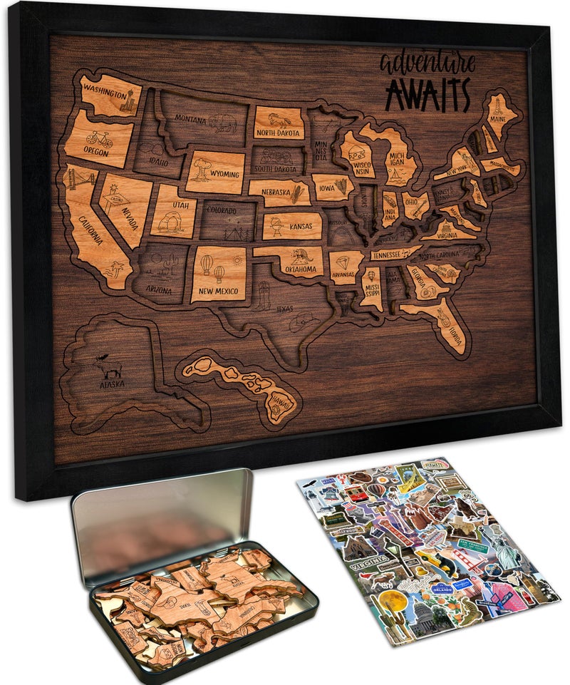 flinelife USA Landmarks Travel Map, 13x11, Wooden USA Map Puzzle, Perfect For Couples and Families Gift - Image 1