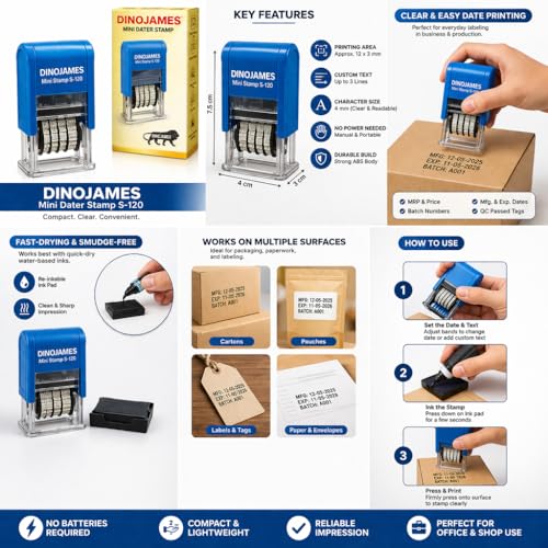 Dinojames Mini Dater D-300 Self Inking Stamp (Blue Ink) | 4mm Letter Size Date Stamp for Office, Bills, Documents & Packaging - Image 4