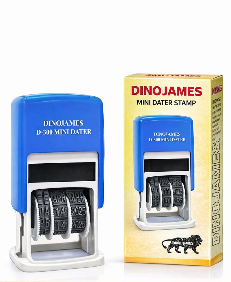 Dinojames Mini Dater D-300 Self Inking Stamp (Blue Ink) | 4mm Letter Size Date Stamp for Office, Bills, Documents & Packaging - Image 1