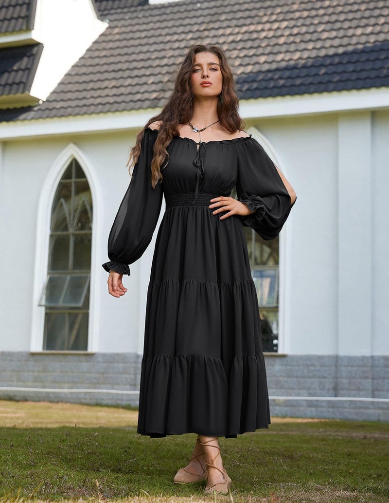 Scarlet Darkness Women Renaissance Off Shoulder Split Sleeve Smocked Waist Tiered Maxi Dress Black M - Image 5