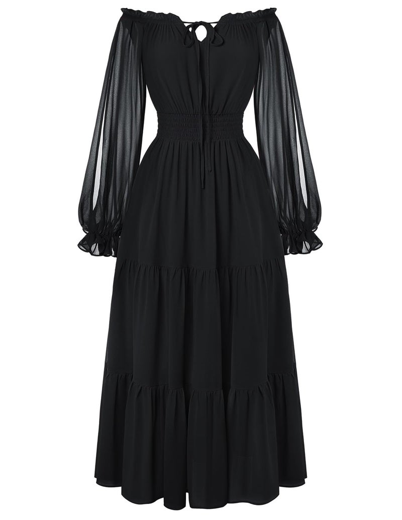 Scarlet Darkness Women Renaissance Off Shoulder Split Sleeve Smocked Waist Tiered Maxi Dress Black M - Image 1