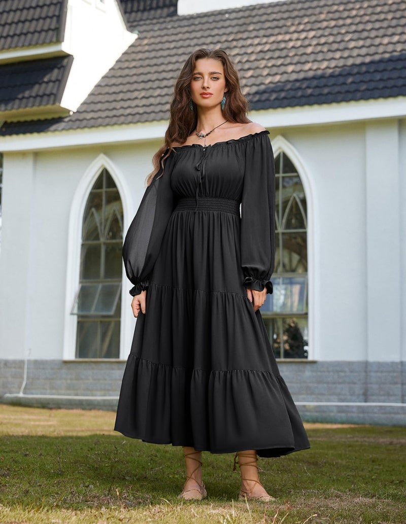 Scarlet Darkness Women Renaissance Off Shoulder Split Sleeve Smocked Waist Tiered Maxi Dress Black M - Image 4
