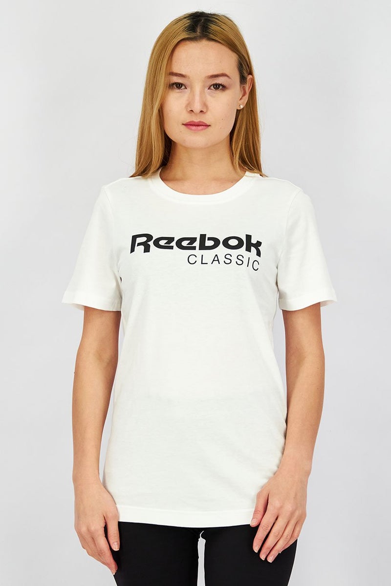 Reebok Women Regular Fit Short Sleeve Training T-shirt, White and Black - Image 1