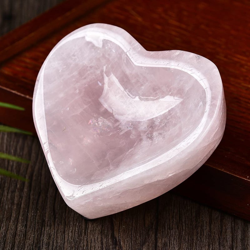 JIC Gem Natural Rose Quartz Stone Bowl Heart Shape Healing Crystal Decorative Bowl Jewelry Tray Home Office Decor Small