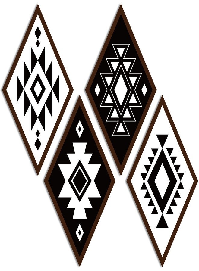 فيرايكل مجموعة فيرايكل المكونة من 4 قطع من ديكورات الحائط الأزتيكية، ديكورات منزلية ريفية، فن جداري غربي بوهيمي، لوحة خشبية على شكل ماسة أزتيكية، إطار خشبي هندسي على شكل ماسة معلق (ريترو) - Image 1