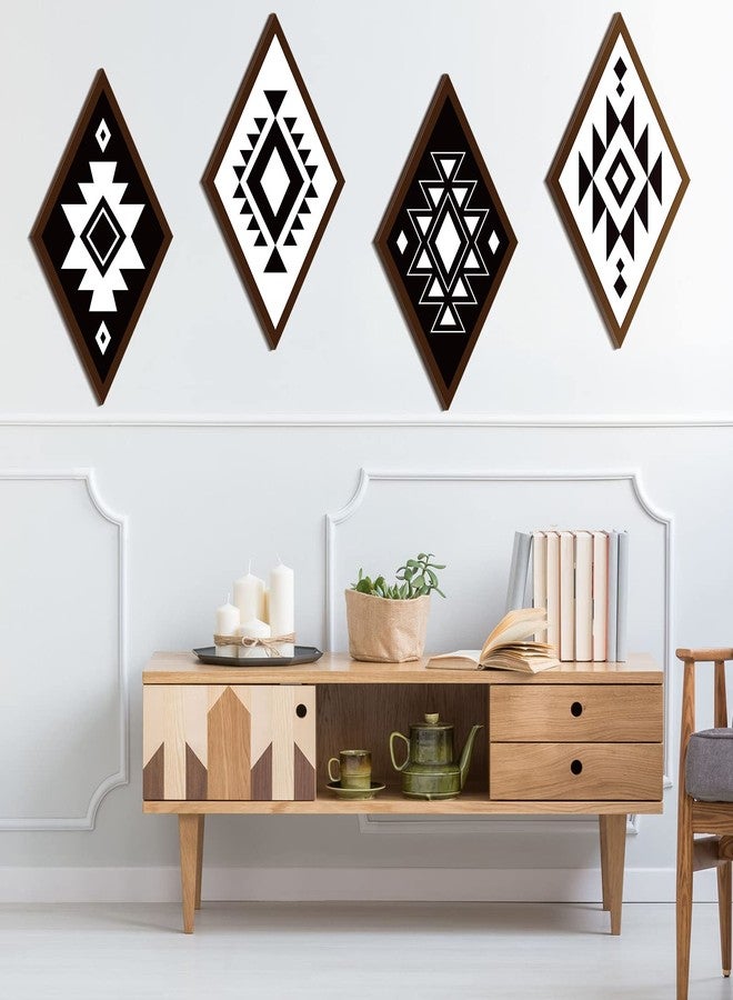 فيرايكل مجموعة فيرايكل المكونة من 4 قطع من ديكورات الحائط الأزتيكية، ديكورات منزلية ريفية، فن جداري غربي بوهيمي، لوحة خشبية على شكل ماسة أزتيكية، إطار خشبي هندسي على شكل ماسة معلق (ريترو) - Image 5