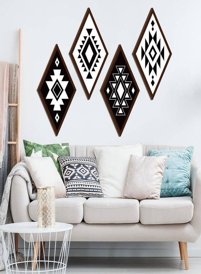 فيرايكل مجموعة فيرايكل المكونة من 4 قطع من ديكورات الحائط الأزتيكية، ديكورات منزلية ريفية، فن جداري غربي بوهيمي، لوحة خشبية على شكل ماسة أزتيكية، إطار خشبي هندسي على شكل ماسة معلق (ريترو) - Image 4