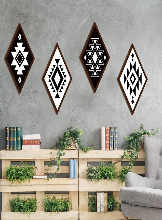 فيرايكل مجموعة فيرايكل المكونة من 4 قطع من ديكورات الحائط الأزتيكية، ديكورات منزلية ريفية، فن جداري غربي بوهيمي، لوحة خشبية على شكل ماسة أزتيكية، إطار خشبي هندسي على شكل ماسة معلق (ريترو) - Image 3