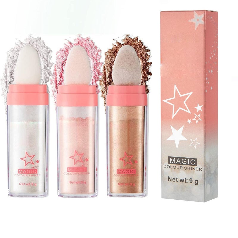 JISKG 3 Color Glitter Powder Highlighter Makeup, Body Brightens the Natural Three-Dimensional Face Blusher Fairy Highlight Patting Powder. - Image 1