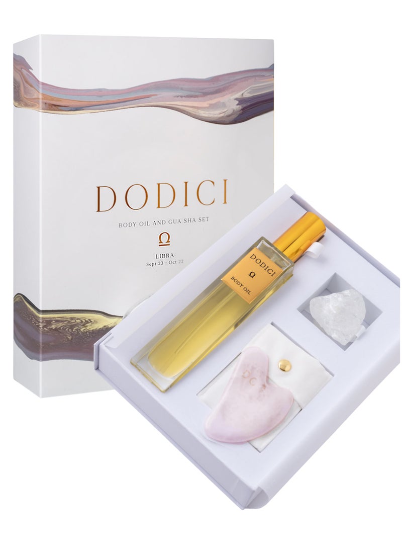 Dodici Gift Set Inspired by Your Zodiac Sign (Libra) Silky and luxurious body oil made from ecological oils | Perfect for a Birthday Gift | Organic Body Oil & Natural CLEAR QUARTZ Gift Set + Gua Sha - Image 1