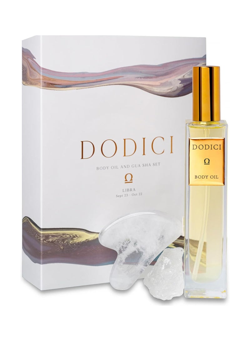 Dodici Gift Set Inspired by Your Zodiac Sign (Libra) Silky and luxurious body oil made from ecological oils | Perfect for a Birthday Gift | Organic Body Oil & Natural CLEAR QUARTZ Gift Set + Gua Sha - Image 2