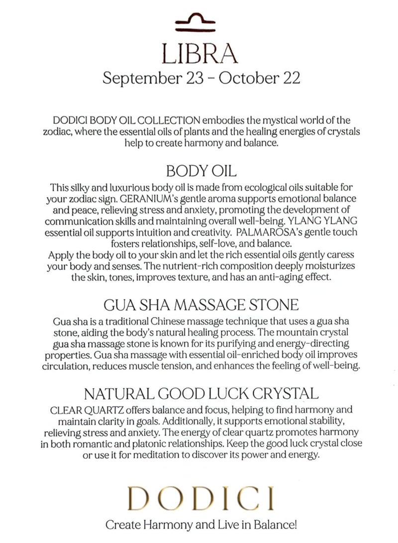 Dodici Gift Set Inspired by Your Zodiac Sign (Libra) Silky and luxurious body oil made from ecological oils | Perfect for a Birthday Gift | Organic Body Oil & Natural CLEAR QUARTZ Gift Set + Gua Sha - Image 3