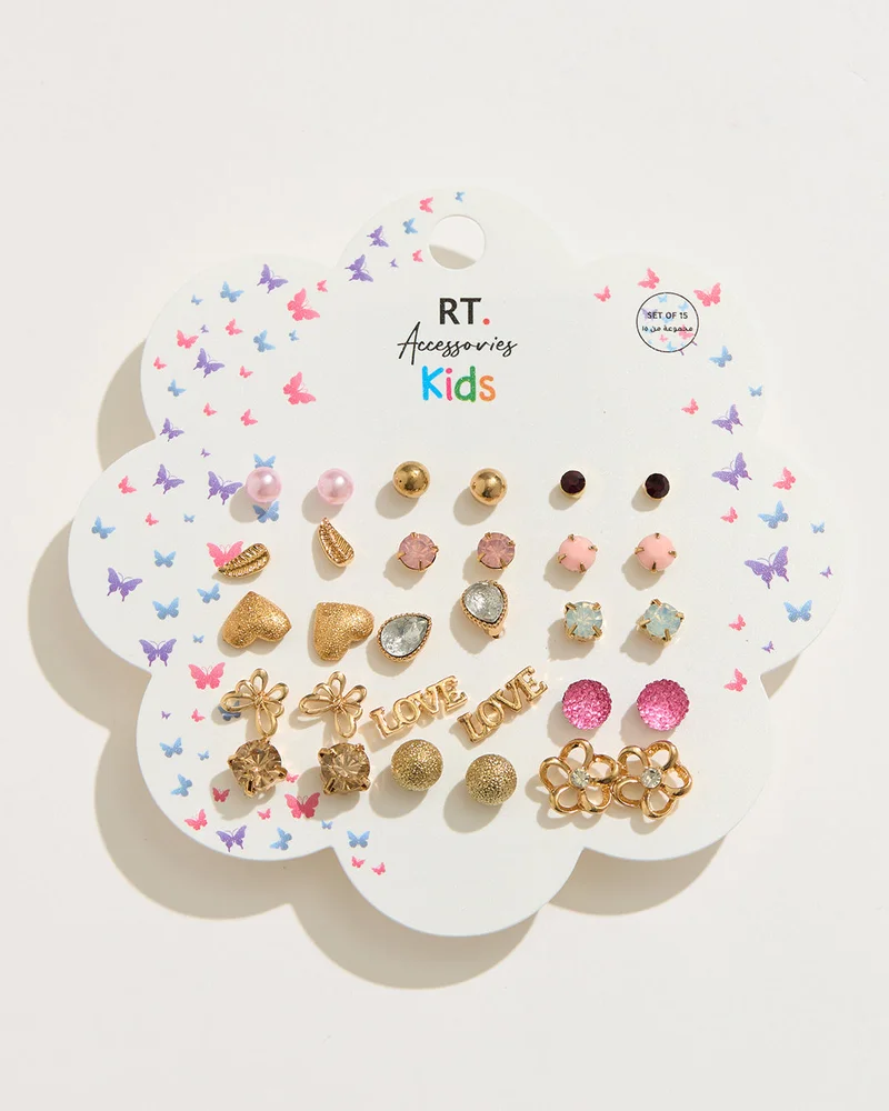 Redtag Girls Assorted Embellished Earrings (15 Pairs)
