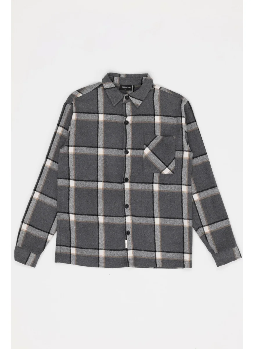 For You Man Oversize Plaid Single Pocket Gray Lumberjack Shirt