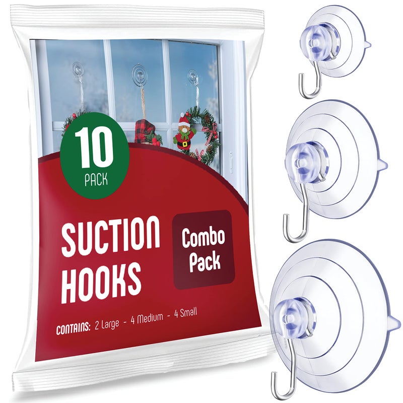 Sewanta All-Purpose Suction Cup Hooks [10Pk Combo Set] Powerful Window Suction Cups With Hooks Use To Hang On Glass  Windows  Doors  Mirrors  Tiles. Set Includes: 2 Large  4 Medium  4 Small