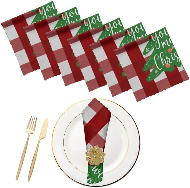 Fukeen Waterproof Buffalo Plaid Christmas Tree Cloth Table Napkins Set of 6 Red and Green Checkered Xmas Wish Dinner Napkin for Family Parties Restaurant Snowflake Winter Holiday 20 x 20 Inch - Image 1