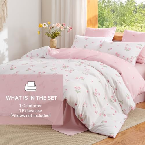 Erwinmu Floral Comforter Set Twin Size - 2 Pieces Pink White Floral Tulips Bow Comforter Bedding Sets Reversible Pattern,Twin Bed in a Bag with Flowers Comforter and 1 Pillowcase - Image 4