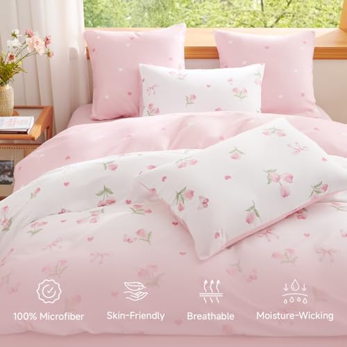 Erwinmu Floral Comforter Set Twin Size - 2 Pieces Pink White Floral Tulips Bow Comforter Bedding Sets Reversible Pattern,Twin Bed in a Bag with Flowers Comforter and 1 Pillowcase - Image 2