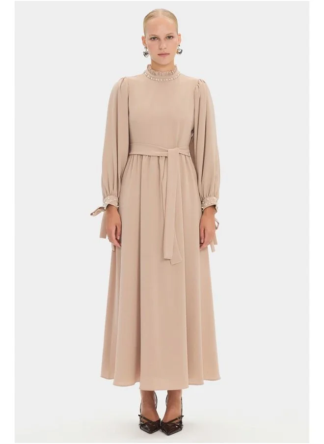 جون June Women High Neck Stone Detailed Balloon Sleeve Maxi Dress Stone