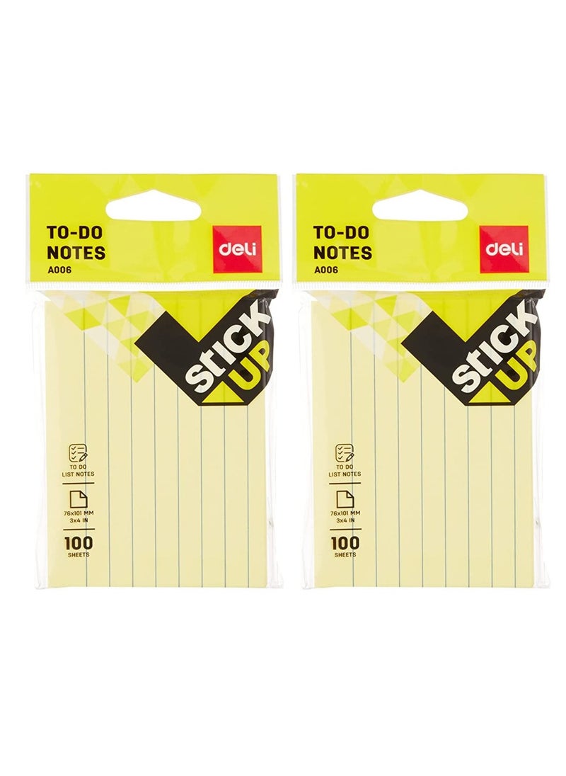 Deli 2-Pad Ruled To-Do Sticky Notes 3x4 Inch Size Yellow Colour  - Image 1