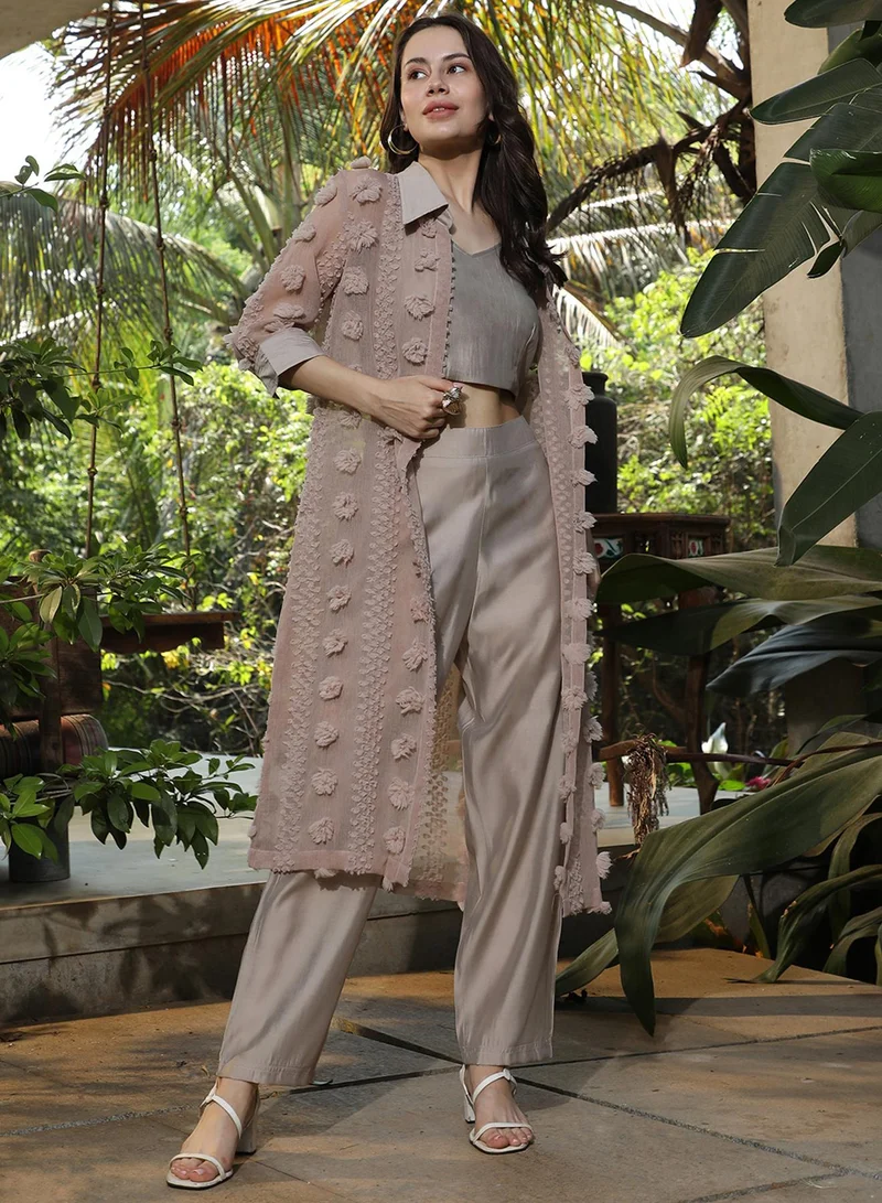 QISSA Women's Sand Beige Applique Rosa Co-Ord Set