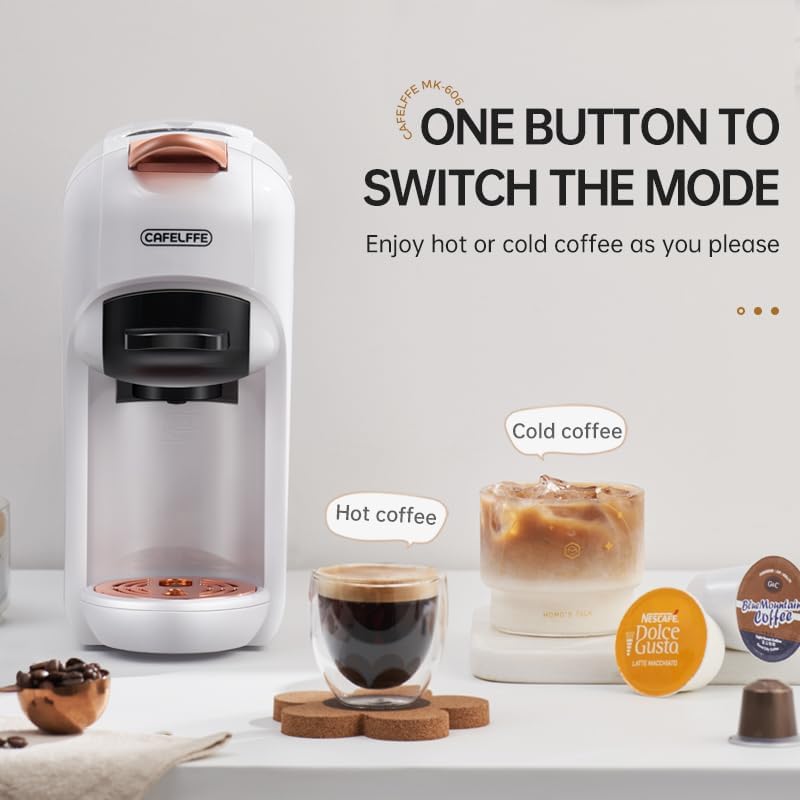 Cafelffe MK-606 5-in-1 Capsule Coffee Machine with 19 Bar Pressure, Hot/Cold Fast Brew Espresso, Single Serve Coffee Maker Compatible with K-Cup/Nes Original/DG/ESE Pods, Compact for Home/Office,White - Image 4