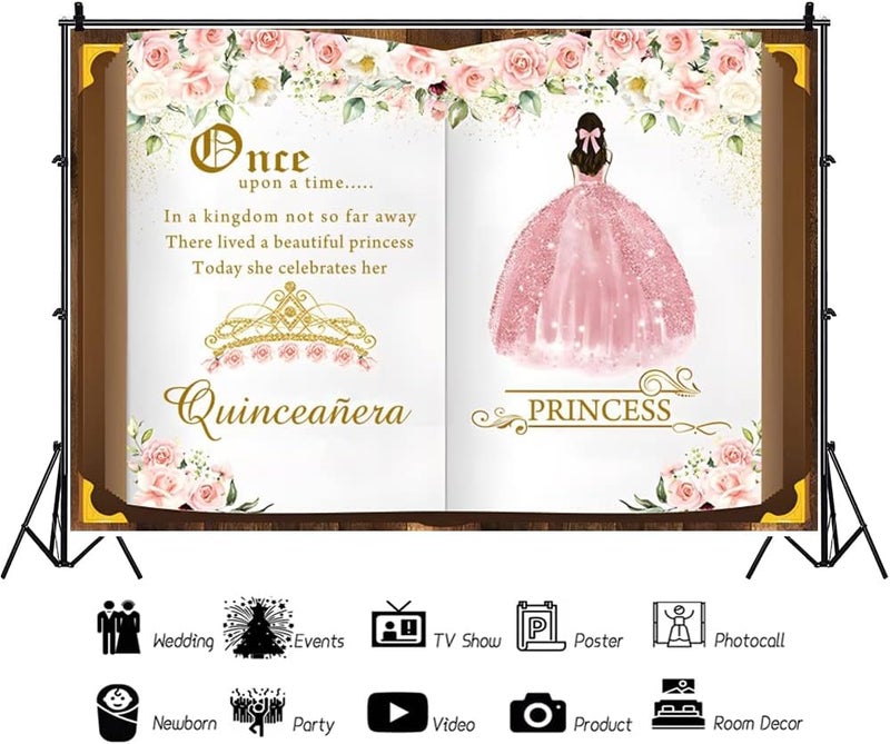 Renaiss 7x5ft Quinceaera Backdrop Fairy Tale Books Mis Quince 15 Anos Photography Background Once Upon A Time Pink Storybook Princess Girls 15th Birthday Party Decors Magic Book Photo Booth Props - Image 4