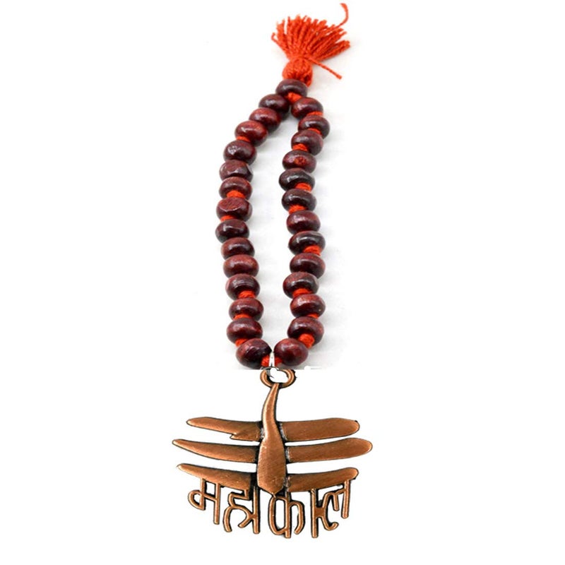AFH Car Ornament, Rearview Car Mirror Charm, Car Hanging, Copper Jai mahakaal Wooden Chandan Mala Decorative Shpwpeace (Height: 18 CM Width 4 CM) - Image 3