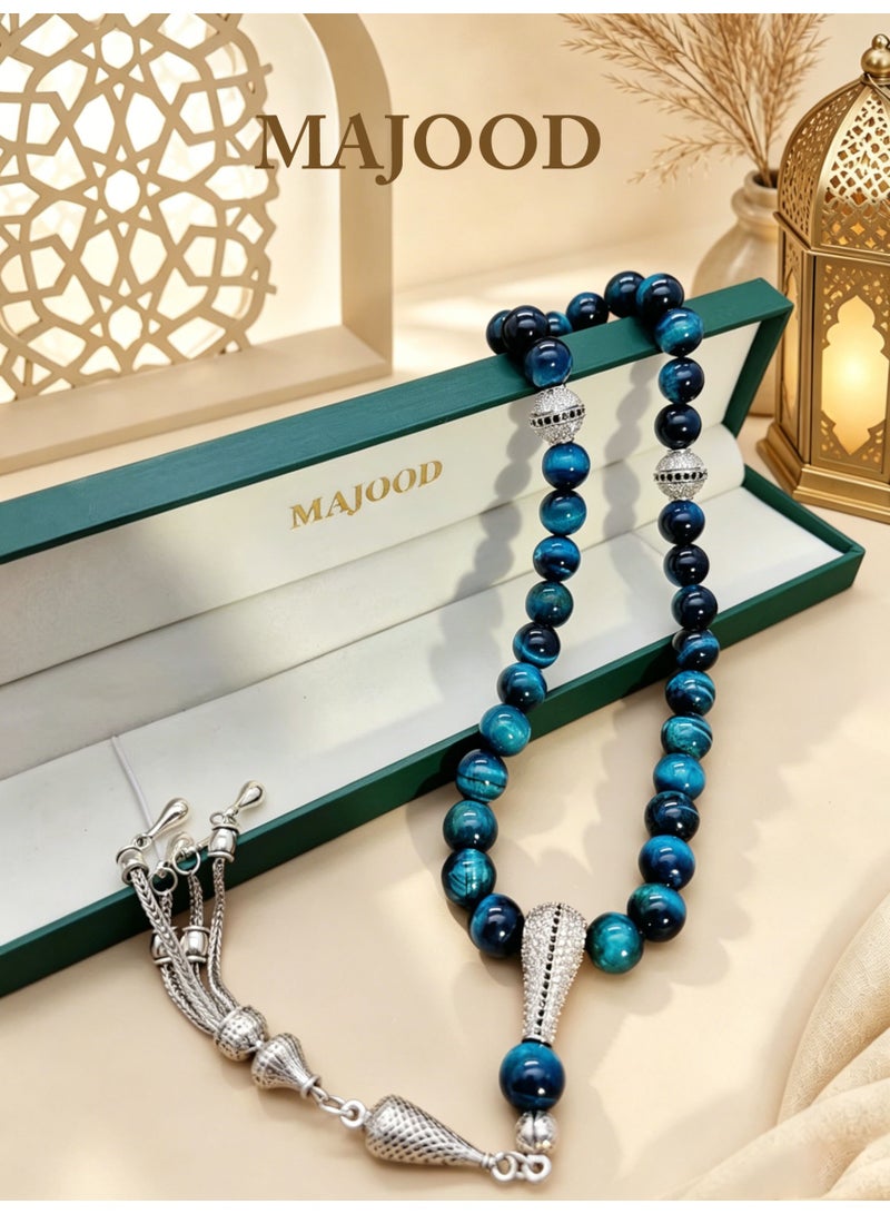 موجود MAJOOD/33 حبات صلاة من حجر عين النمر الأزرق الحقيقي/مسبحة/10 مم/للرجال والنساء - Image 1