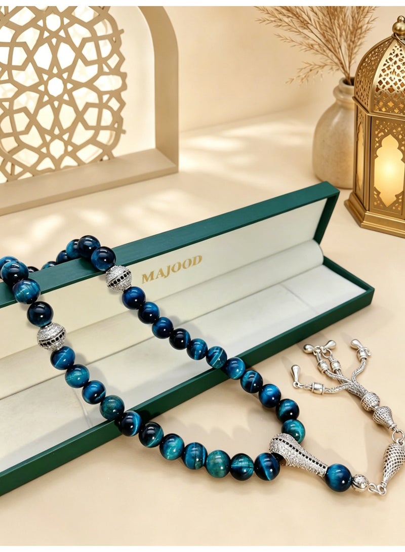 موجود MAJOOD/33 حبات صلاة من حجر عين النمر الأزرق الحقيقي/مسبحة/10 مم/للرجال والنساء - Image 5