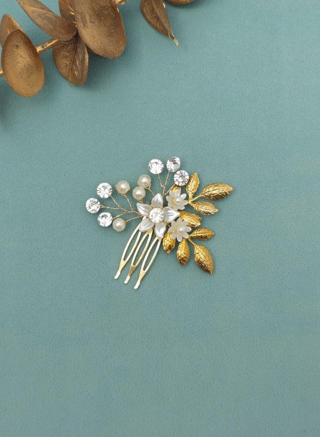 Twinsho Wedding Hair Comb with Pearl Flowers, Gold Leaves, and Crystal Rhinestones, Bridal Hair Accessory, Wedding Flower Hair Comb for Women - Image 2