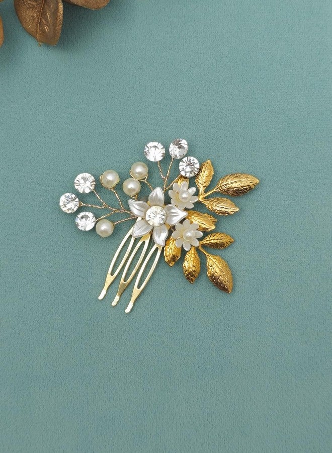 Twinsho Wedding Hair Comb with Pearl Flowers, Gold Leaves, and Crystal Rhinestones, Bridal Hair Accessory, Wedding Flower Hair Comb for Women - Image 3