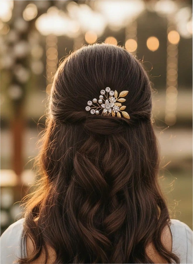 Twinsho Wedding Hair Comb with Pearl Flowers, Gold Leaves, and Crystal Rhinestones, Bridal Hair Accessory, Wedding Flower Hair Comb for Women - Image 1
