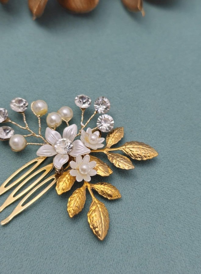 Twinsho Wedding Hair Comb with Pearl Flowers, Gold Leaves, and Crystal Rhinestones, Bridal Hair Accessory, Wedding Flower Hair Comb for Women - Image 4