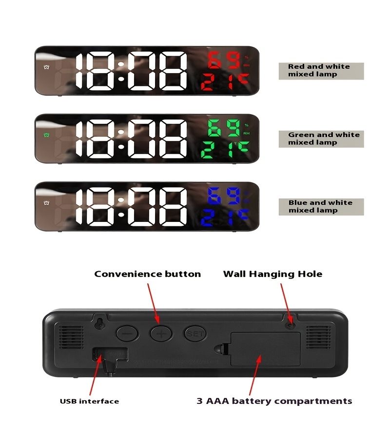 مرآة إبداعية على شكل نمط USB ساعة LED مع التحكم باللمس لدرجة الحرارة أسود - Image 5