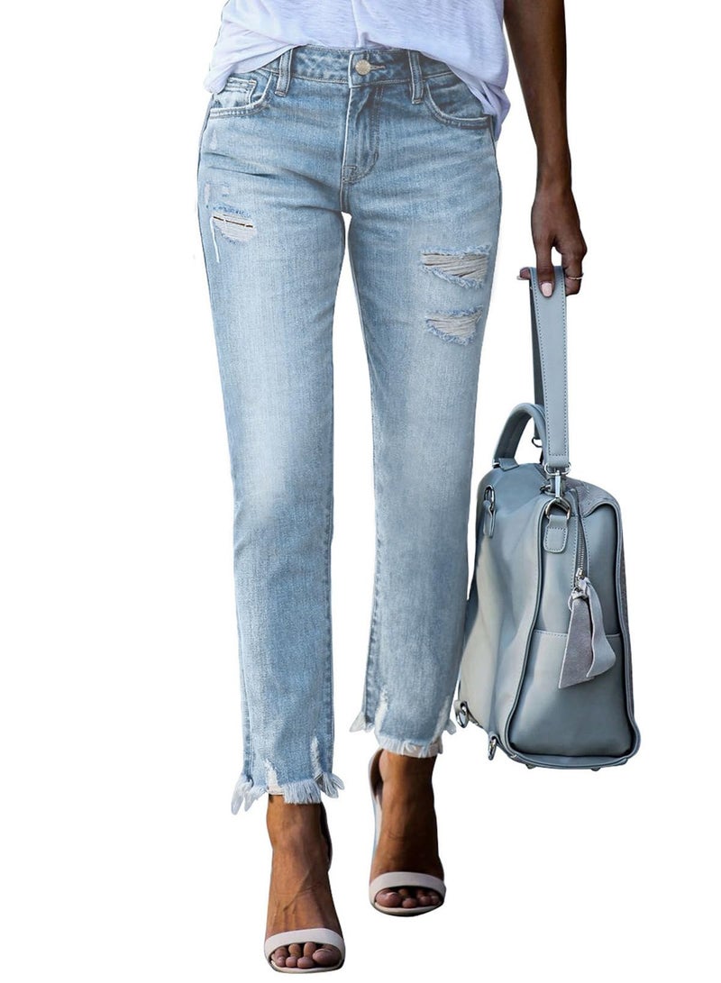 EVALESS Jeans for Women Trendy 2025 Casual High Waisted Ripped Stretchy Frayed Hem Ankle Length Denim Pants Size 6 - Image 1