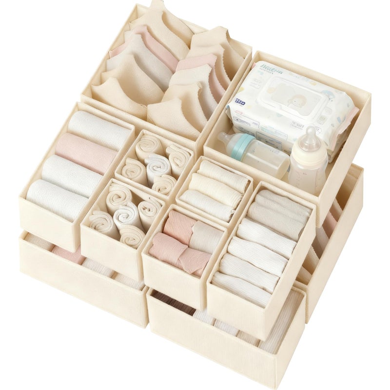 Criusia Drawer Organizer Clothes 12 Pack, Dresser Organizer for Nursery Bedroom Closet Organization and Storage - Baby Clothes Organizer Bins - Drawer Divider for Sock Underwear Bra Ties (Beige) - Image 1