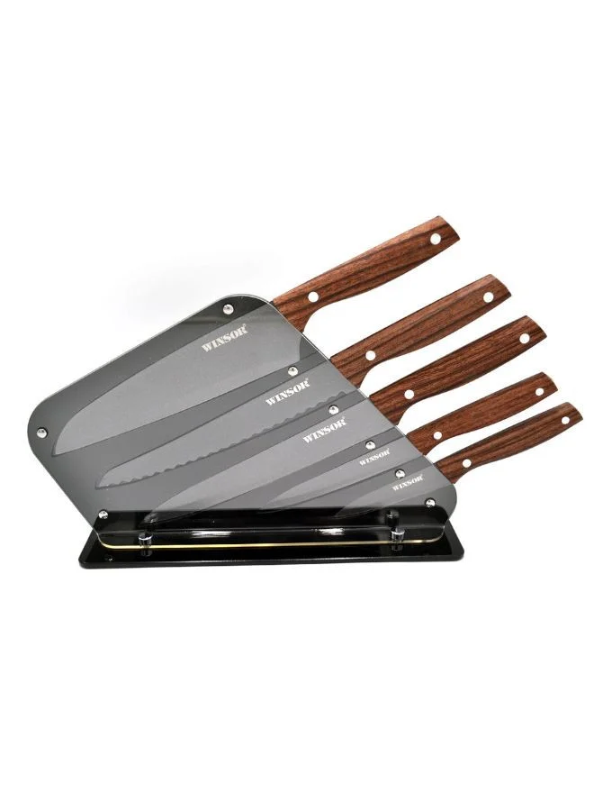 Prestige WINSOR 5-Piece Stainless Steel Chef Knife Set with Non-Stick Coating | Wood Pattern Handles and Acrylic Block Kitchen Knife Set - WR80813