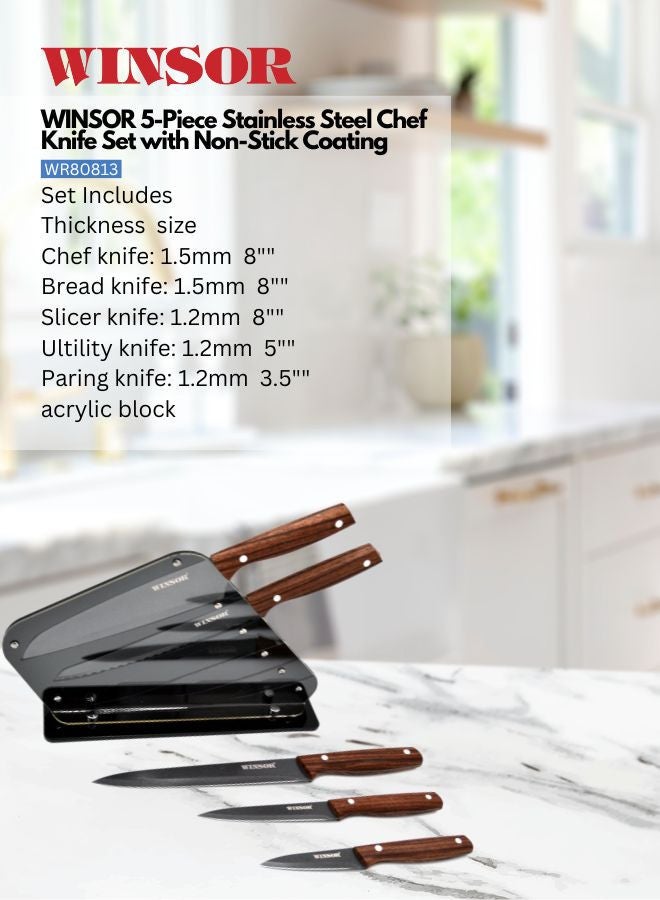 برستيج طقم سكاكين شيف وينسور 5 قطع ستانلس ستيل بطلاء غير لاصق ومقابض بنمط خشبي وكتلة أكريليك - WR80813 - Image 5