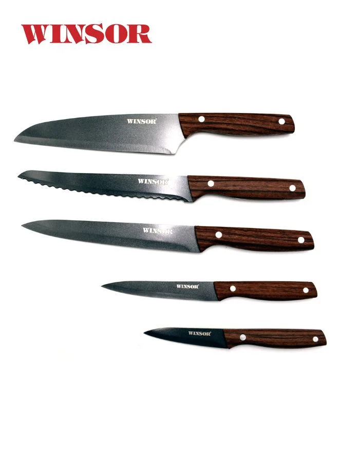 Prestige WINSOR 5-Piece Stainless Steel Chef Knife Set with Non-Stick Coating | Wood Pattern Handles and Acrylic Block Kitchen Knife Set - WR80813