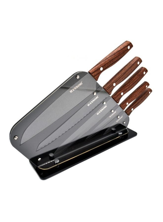 برستيج طقم سكاكين شيف وينسور 5 قطع ستانلس ستيل بطلاء غير لاصق ومقابض بنمط خشبي وكتلة أكريليك - WR80813 - Image 4