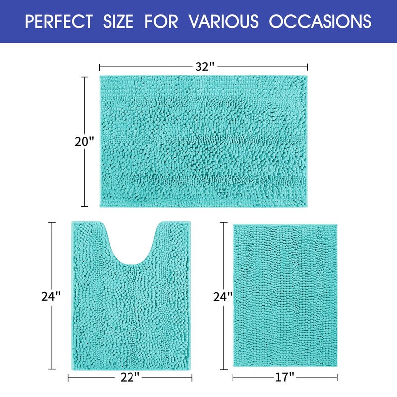 ACCUMTEK Striped Teal Green Bathroom Rug Set 3 Pieces Ultra Soft, Non Slip Chenille Toilet Mat, Absorbent Plush Shaggy Bath Mats for Bathroom, Bedroom, Kitchen, Turquoise - Image 5