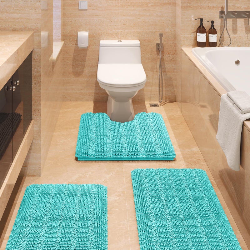 ACCUMTEK Striped Teal Green Bathroom Rug Set 3 Pieces Ultra Soft, Non Slip Chenille Toilet Mat, Absorbent Plush Shaggy Bath Mats for Bathroom, Bedroom, Kitchen, Turquoise - Image 1